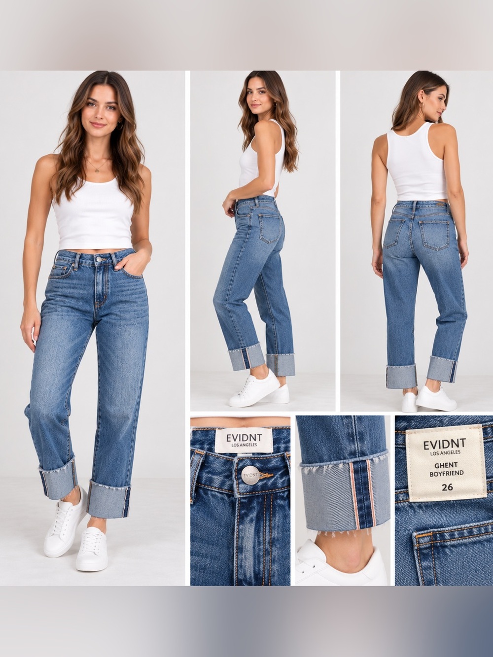 EVIDNT Los Angeles Ghent Boyfriend Jeans Cuffed Raw Hem High Rise NWT